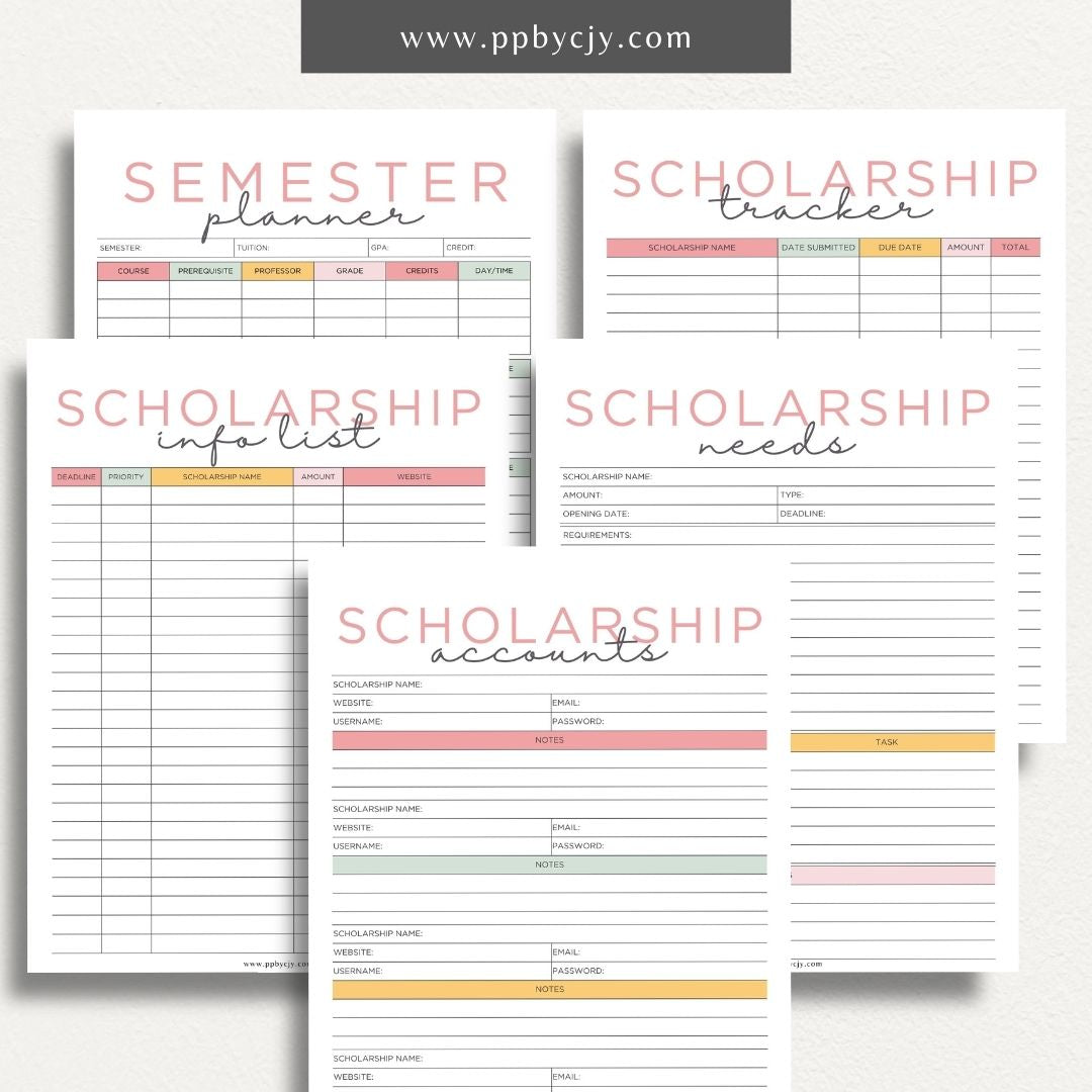 Scholarship Planner Bundle Printable Template – Digital download for comprehensive organization and management of scholarship applications, including planners, trackers, and checklists