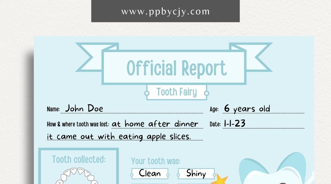 Personalized Tooth Fairy Certificate Printable Template – Digital download for creating customized certificates to celebrate a child's lost tooth, including space for the child’s name and the Tooth Fairy’s message