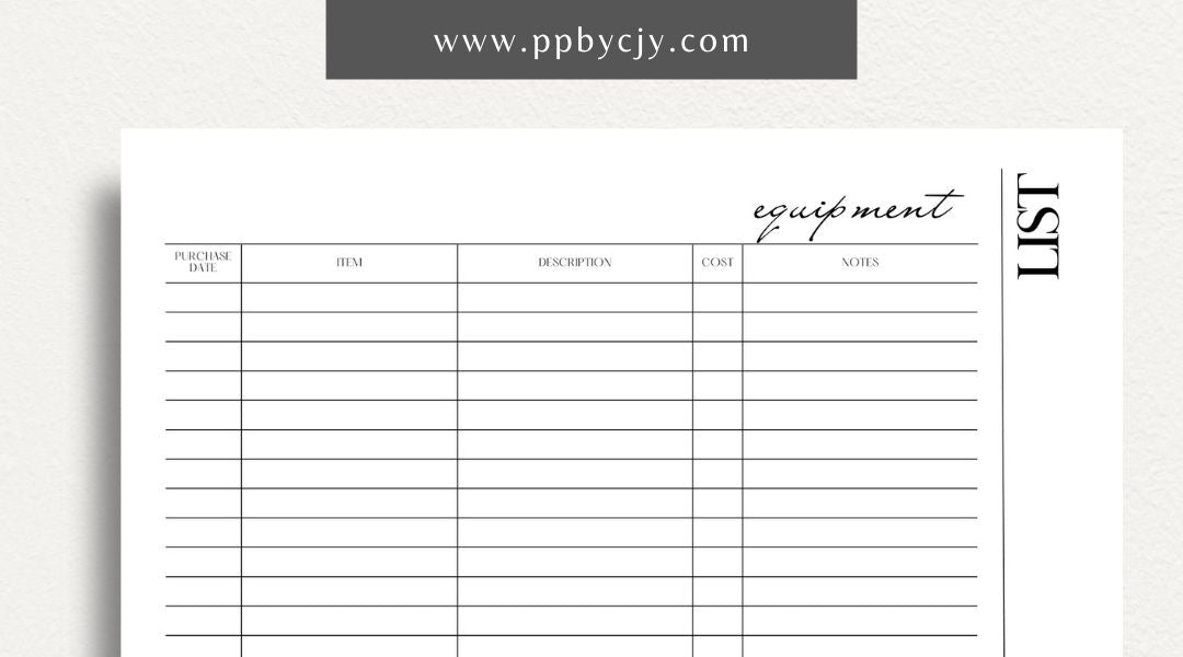 Equipment & Machine List Printable Template – Digital download for tracking and organizing machinery, maintenance schedules, and equipment inventory