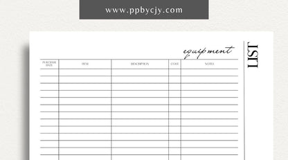 Equipment & Machine List Printable Template – Digital download for tracking and organizing machinery, maintenance schedules, and equipment inventory