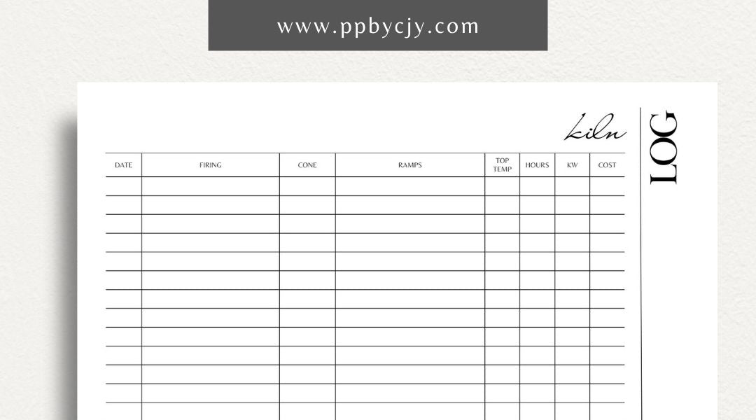 Kiln Log Printable Template – Digital download for tracking ceramic kiln operations, including firing schedules, temperatures, and kiln performance