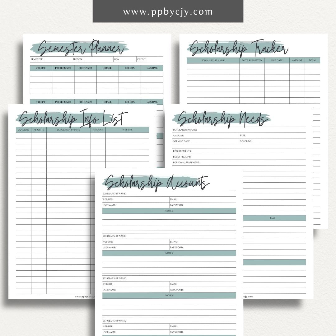 Scholarship Planner Bundle Printable Template – Digital download for comprehensive organization and management of scholarship applications, including planners, trackers, and checklists