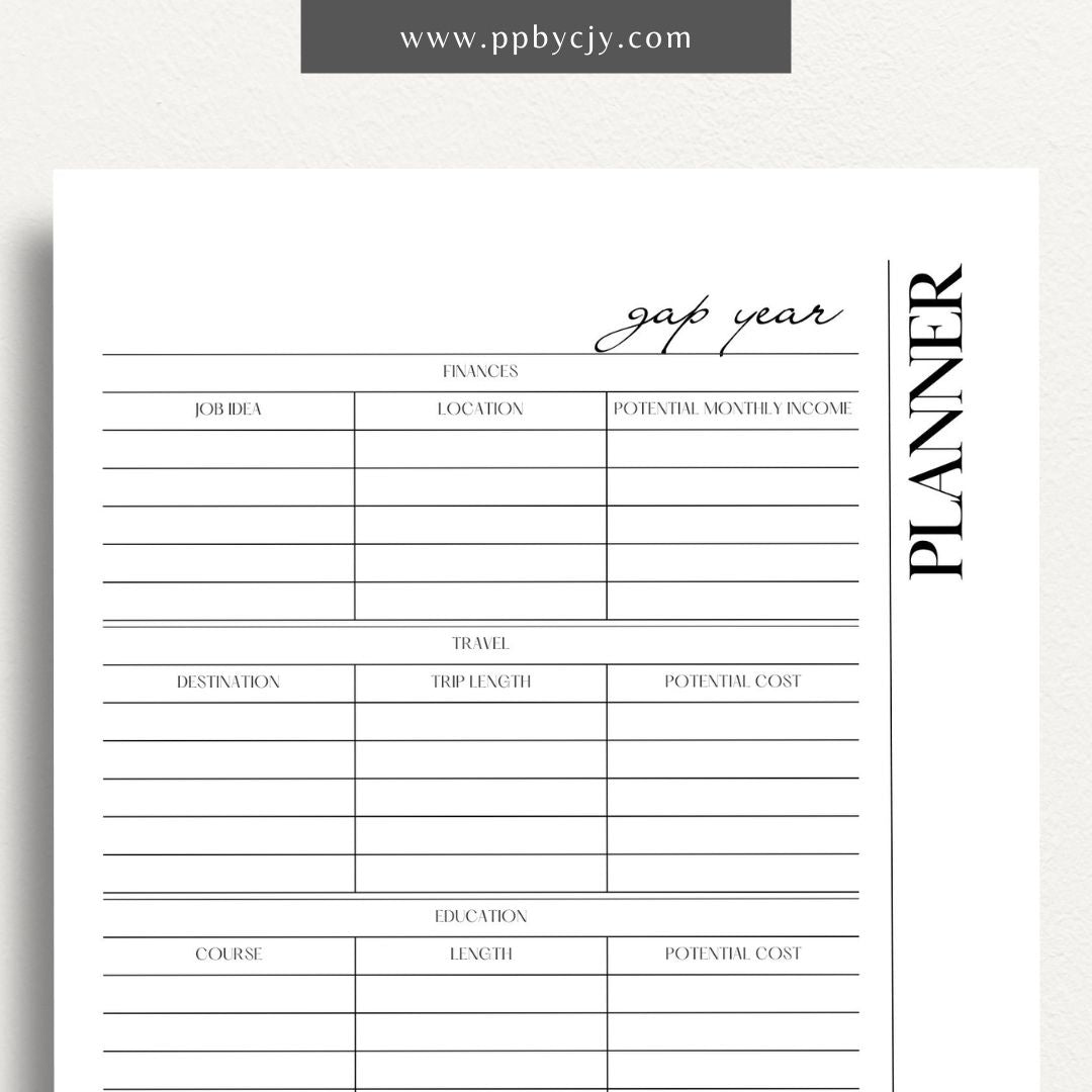 Gap Year Planner Printable Template – Digital download for organizing travel, setting goals, and tracking experiences during your gap year.