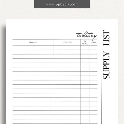 Toiletry Supply List Printable Template – Digital download for organizing and tracking bathroom essentials, personal care items, and travel packing