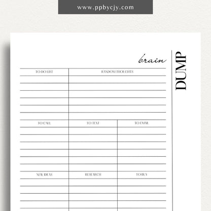 Brain Dump Printable Template – Digital download for decluttering the mind and organizing thoughts and ideas.