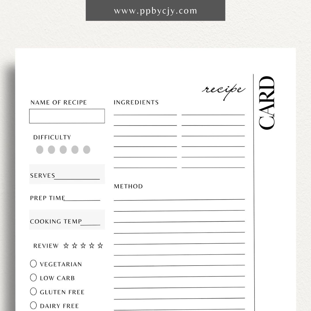 Recipe Card Printable Template – Digital download for organizing and documenting your favorite recipes and cooking instructions