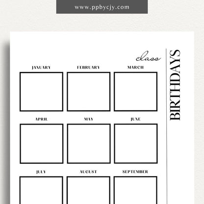 Class Birthday Reminder List Printable Template – Digital Download for Tracking and Remembering Students' Birthdays in Class