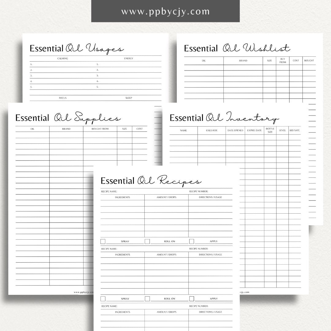 printable template page with columns and rows related to essential oils