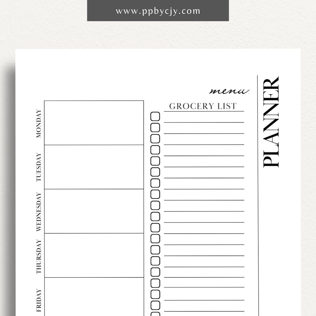 Weekly Meal Planner Printable Template – Digital download for organizing and planning meals for the week, including meal ideas, ingredients, and grocery lists