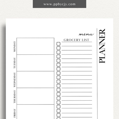 Weekly Meal Planner Printable Template – Digital download for organizing and planning meals for the week, including meal ideas, ingredients, and grocery lists