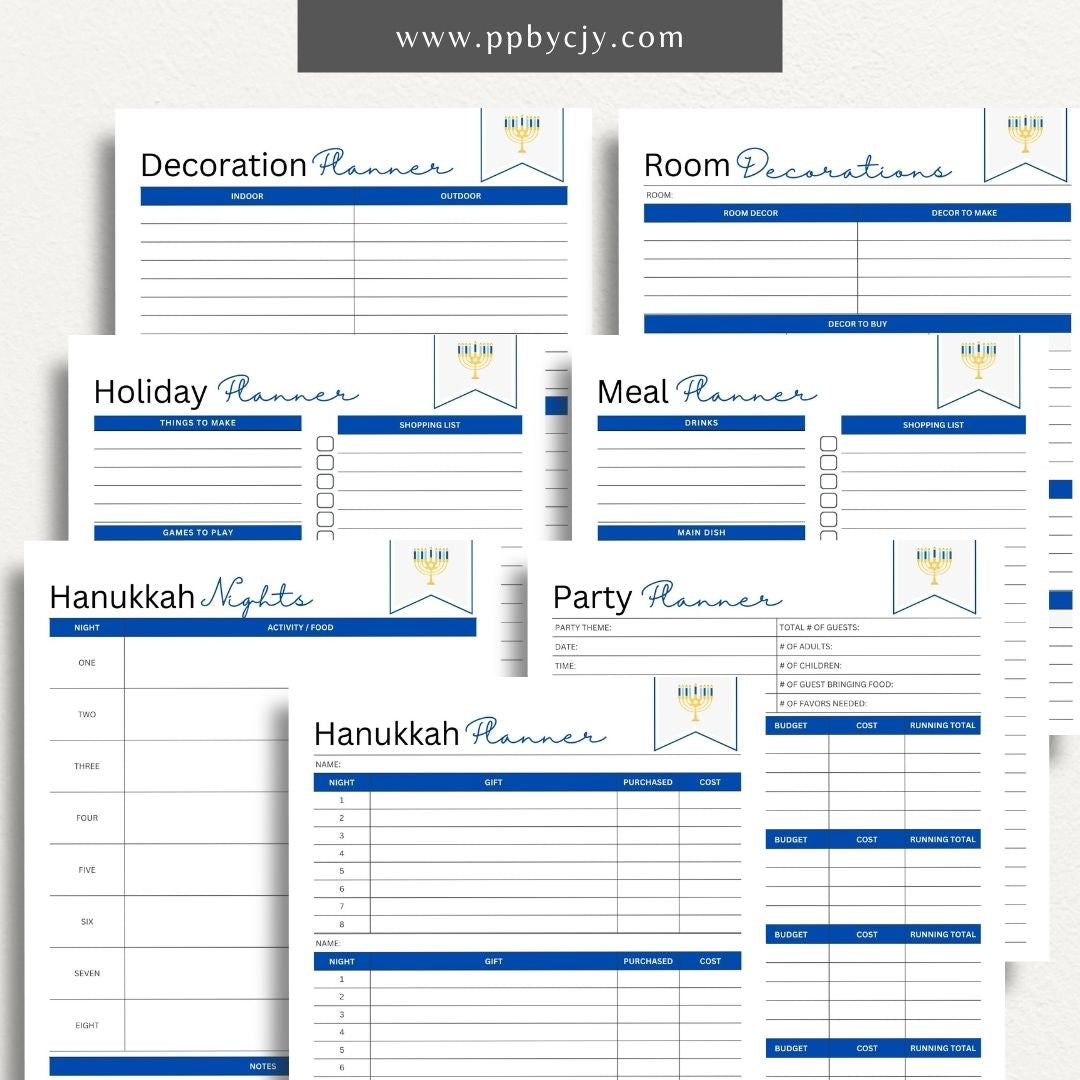 Hanukkah Nights & Gifts Planning Bundle – Digital download for organizing gifts, nightly activities, menorah lighting, and holiday preparations.