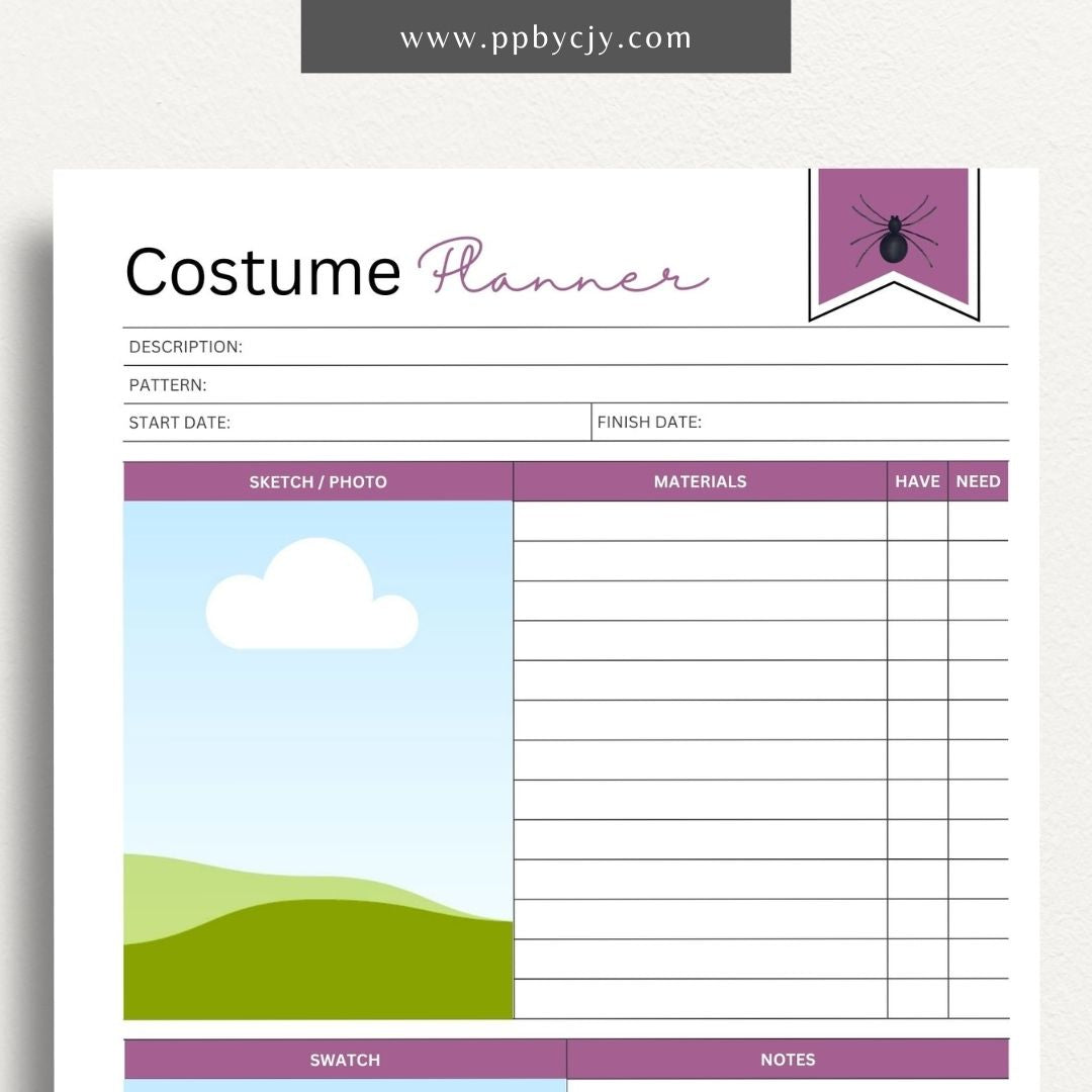 Halloween Costume Planner Printable Template – Digital download for organizing and planning your Halloween costume ideas and details.