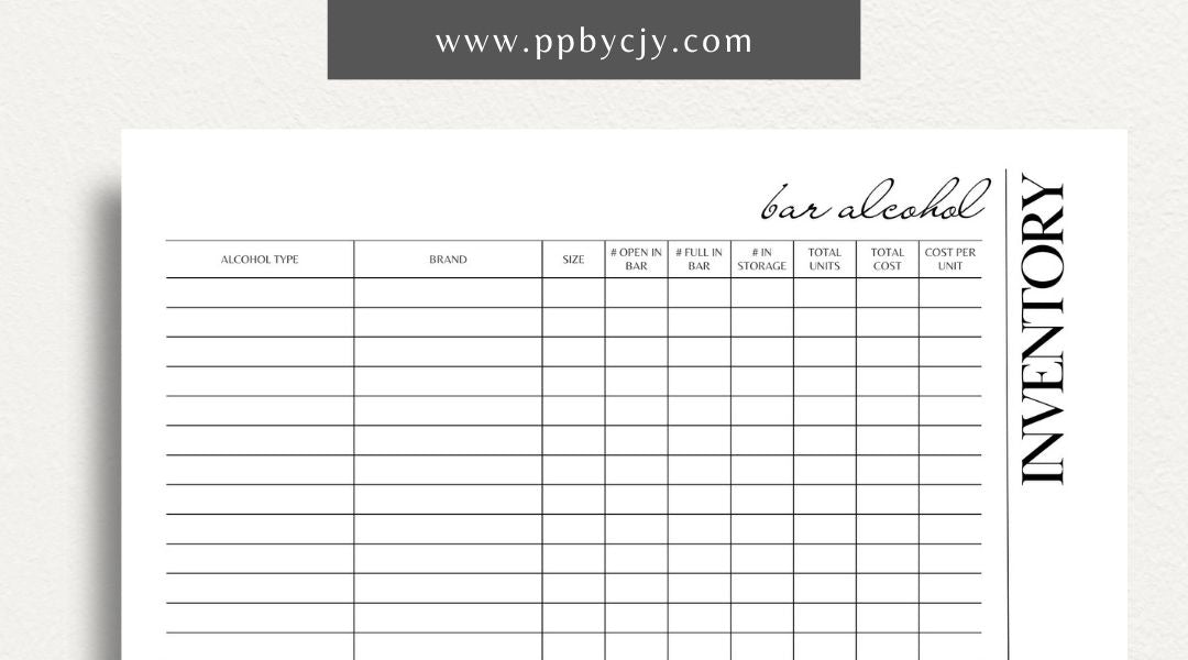 Alcohol Inventory Printable Template – Digital Download for Tracking and Managing Alcohol Stock