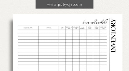 Alcohol Inventory Printable Template – Digital Download for Tracking and Managing Alcohol Stock