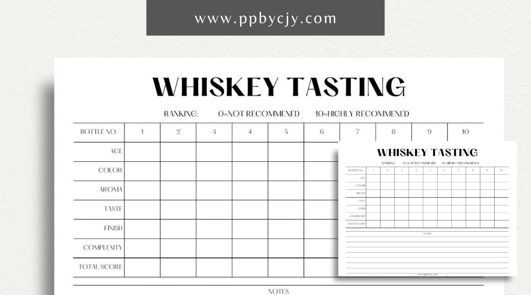 Whiskey Tasting Scorecard Printable Template – Digital download for evaluating and recording whiskey tastings, including sections for scoring aroma, flavor, finish, and overall impressions