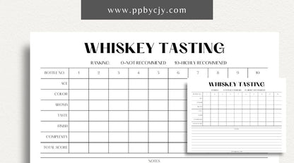 Whiskey Tasting Scorecard Printable Template – Digital download for evaluating and recording whiskey tastings, including sections for scoring aroma, flavor, finish, and overall impressions