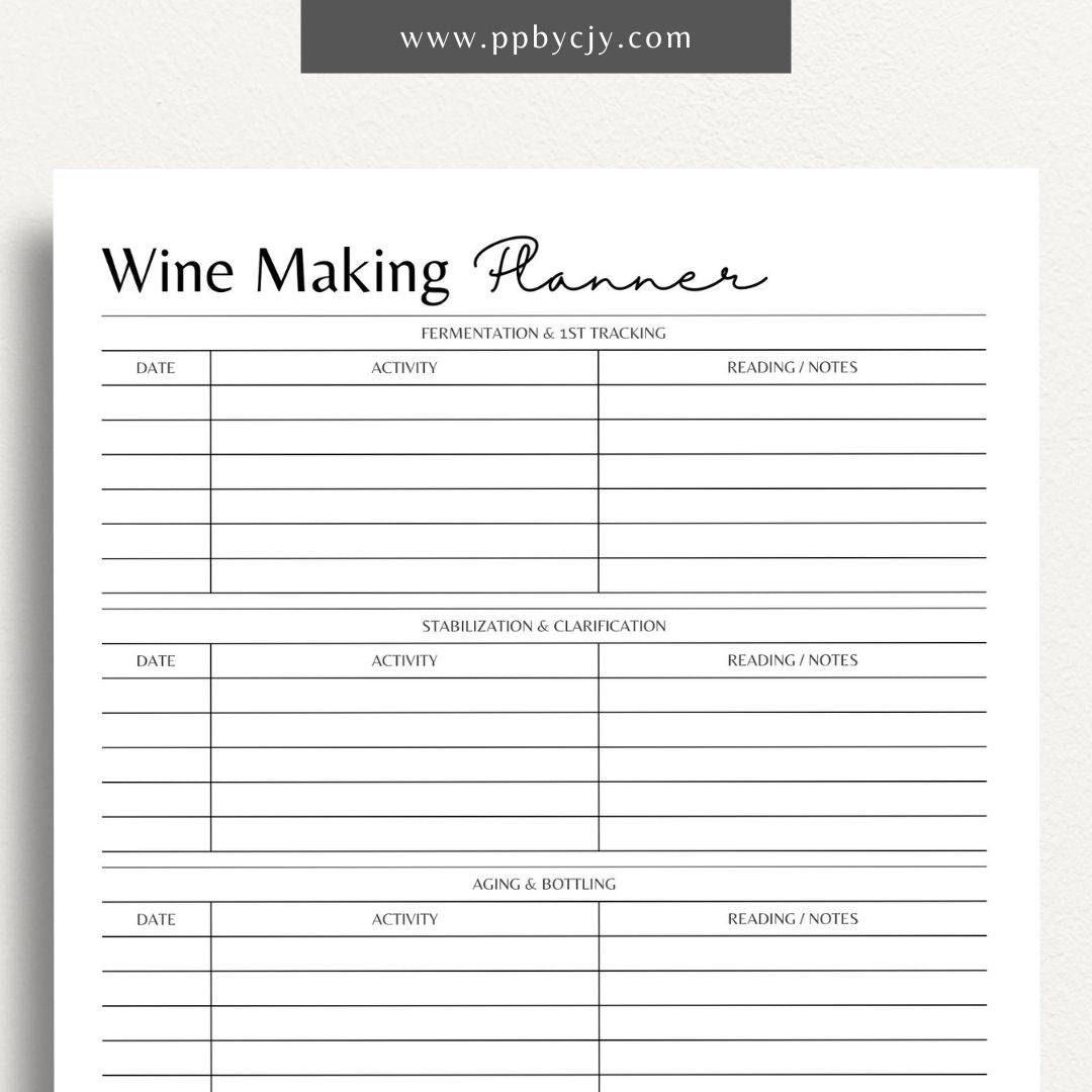 Wine Making Planner Printable Template – Digital download for organizing wine recipes, fermentation schedules, and aging notes