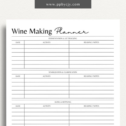 Wine Making Planner Printable Template – Digital download for organizing wine recipes, fermentation schedules, and aging notes