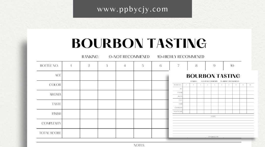 Bourbon Tasting Scorecard Printable Template – Digital Download for Recording and Rating Bourbon Tastings