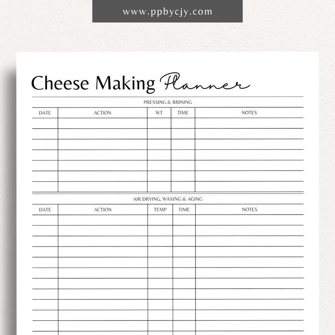 Cheese Making Planner Printable Template – Digital download for organizing homemade cheese recipes, aging schedules, and flavor notes