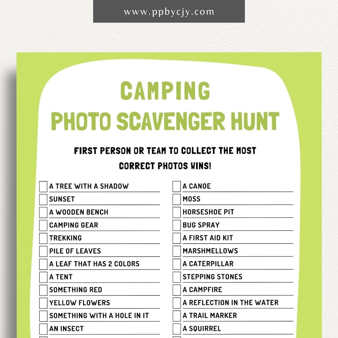 Camping Photo Scavenger Hunt Printable Template – Digital Download for Organizing and Enjoying a Camping-Themed Photo Scavenger Hunt