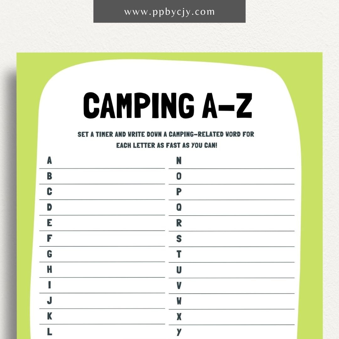 Campground A-Z Game Printable Template – Digital Download for Fun and Educational Camping-Themed Alphabet Game