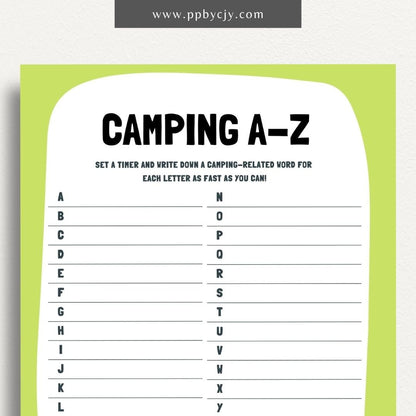 Campground A-Z Game Printable Template – Digital Download for Fun and Educational Camping-Themed Alphabet Game