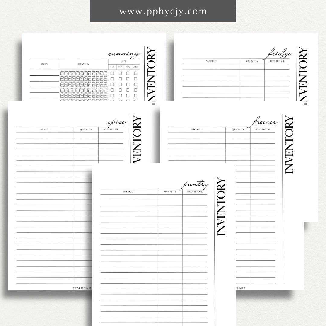 Kitchen Inventory Bundle Printable Template – Digital download featuring a collection of tools for organizing and managing your kitchen inventory, including pantry, refrigerator, and freezer.