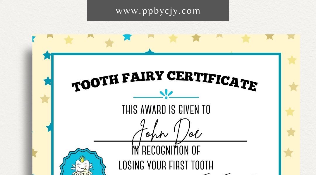 Personalized Tooth Fairy Certificate Printable Template – Digital download for creating customized certificates to celebrate a child's lost tooth, including space for the child’s name and the Tooth Fairy’s message