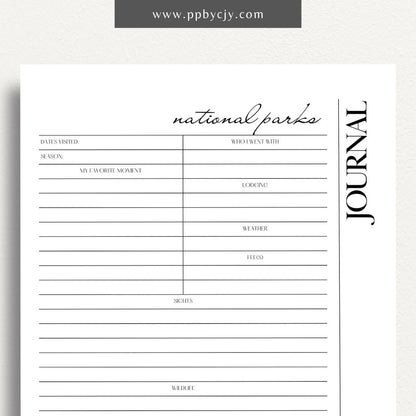 National Park Journal Printable Template – Digital download for tracking national park visits, hikes, wildlife, and more.