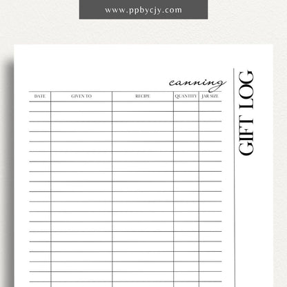 Homemade Canning Gift Log Printable PDF Template