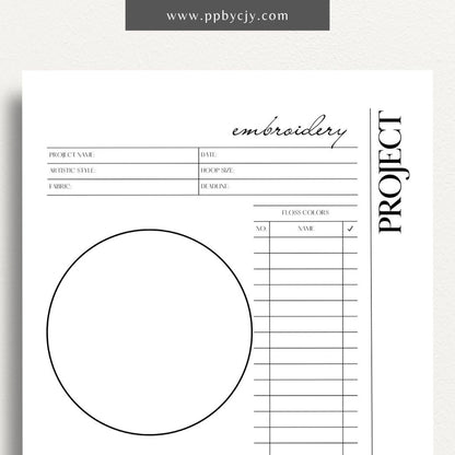 Embroidery Project Plan Printable Template – Digital download for organizing and planning embroidery projects with sections for design, materials, and progress tracking