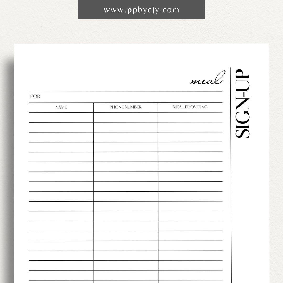 Meal Train Sign-Up Printable Template – Digital download for organizing and coordinating meal deliveries for someone in need.