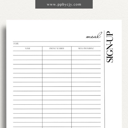 Meal Train Sign-Up Printable Template – Digital download for organizing and coordinating meal deliveries for someone in need.