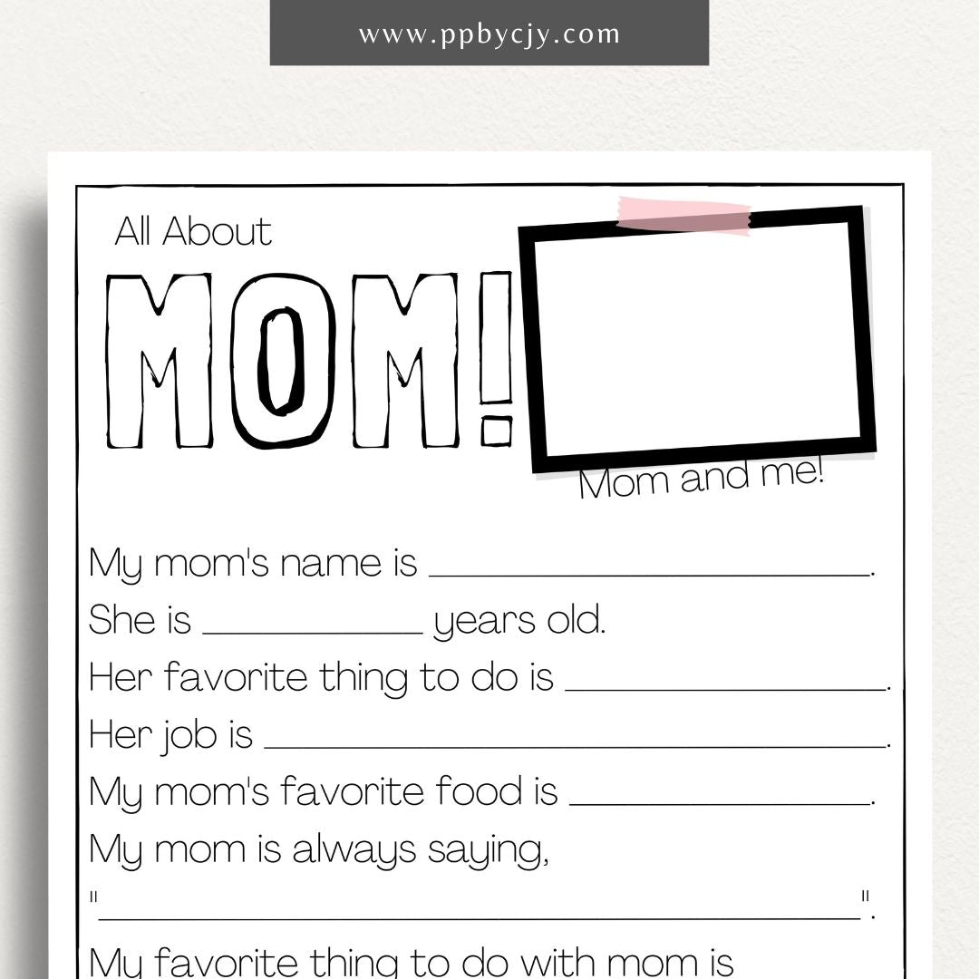 All About My Mom Interview Worksheet Printable Template – Digital Download for Capturing Fun and Personal Details with sections for favorite things, hobbies, and memorable moments.