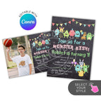 Monster-themed birthday party invitations with Canva branding.