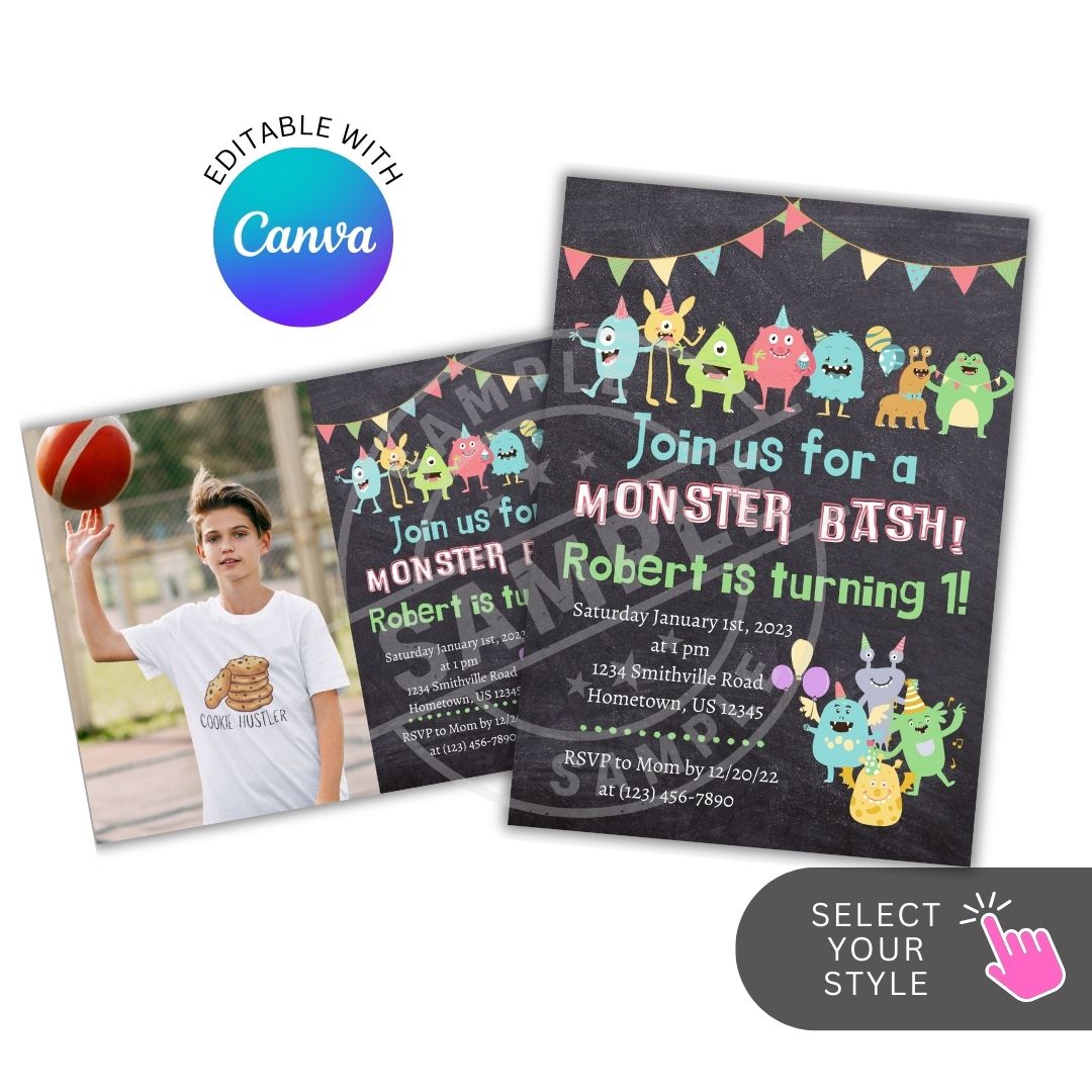 Monster-themed birthday party invitations with Canva branding.