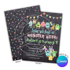 Monster-themed birthday party invitation with colorful monsters on a blackboard-style background.