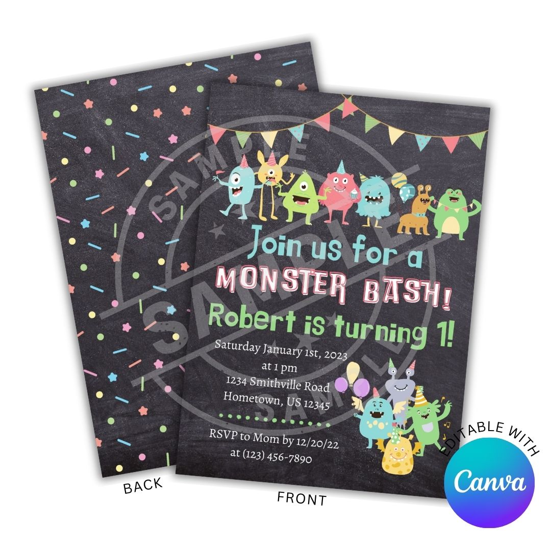 Monster-themed birthday party invitation with colorful monsters on a blackboard-style background.