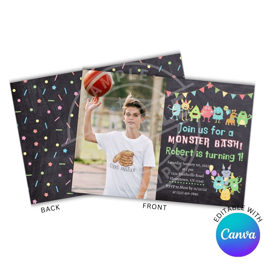 Monster-themed birthday party invitation with colorful design and photo of a boy.