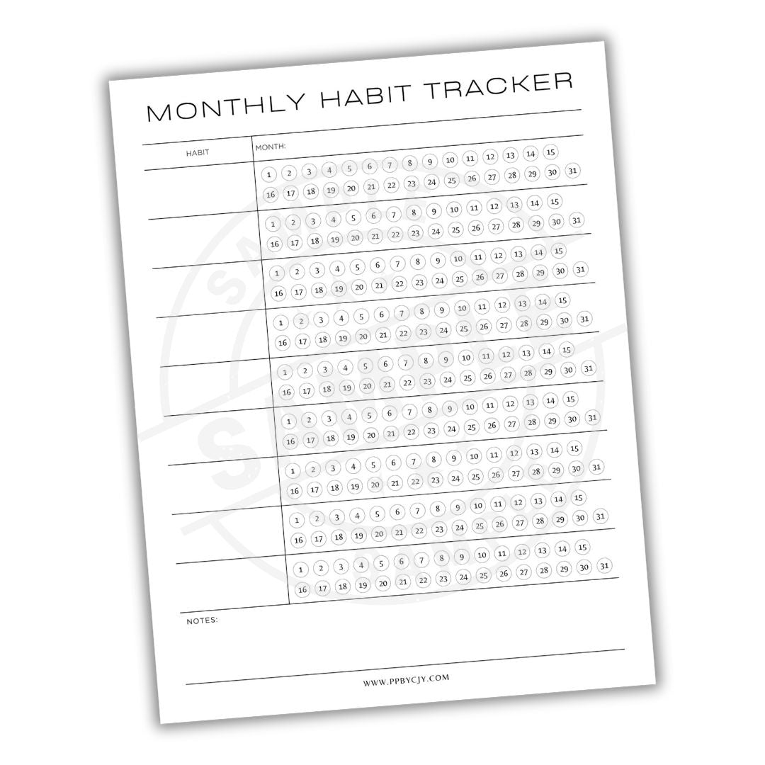 Monthly habit tracker sheet with a grid layout on a white background