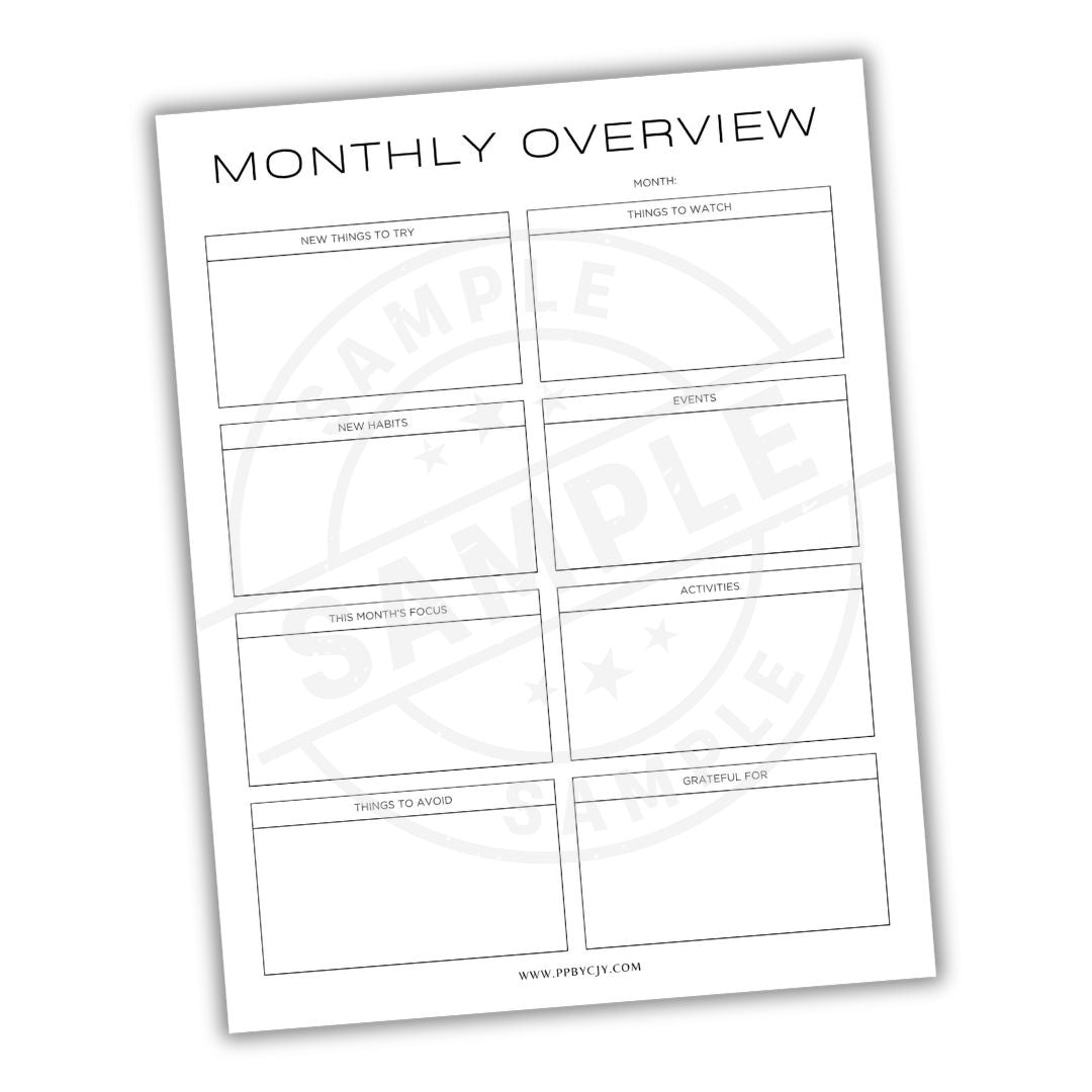 Monthly overview planner sheet with various sections on a white background