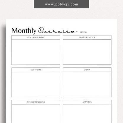 Monthly Overview Printable Template – Digital download for planning monthly schedules, setting goals, and organizing tasks.