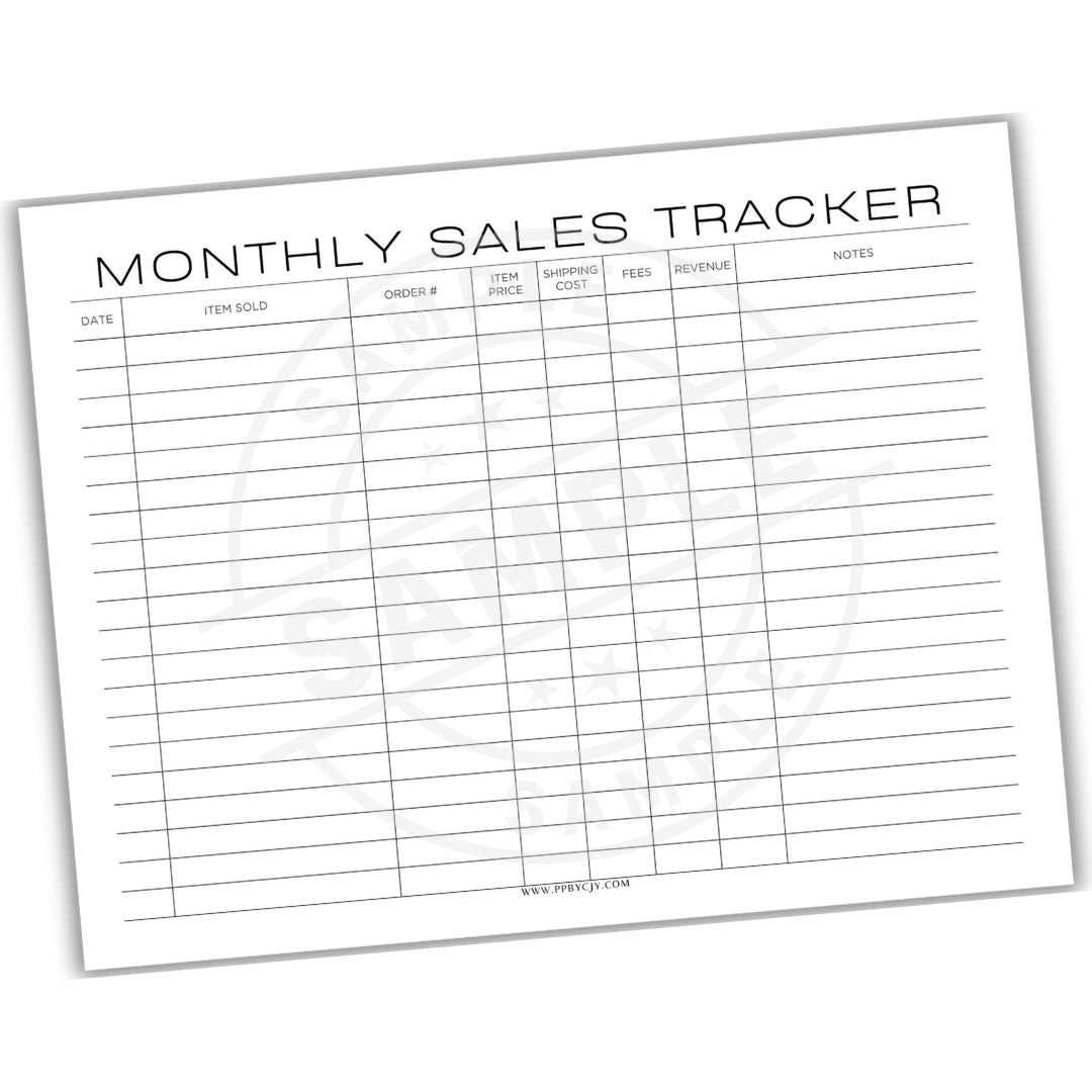 Monthly sales tracker sheet with columns for date, item sold, order no., item name, shipping cost, fees, revenue, and notes.