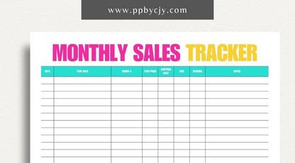 Monthly Sales Tracker Printable Template – Digital download for recording and analyzing sales data and performance on a monthly basis.