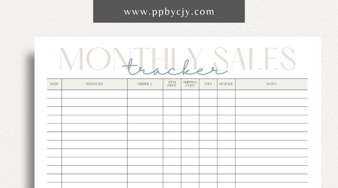 Monthly Sales Tracker Printable Template – Digital download for recording and analyzing sales data and performance on a monthly basis.