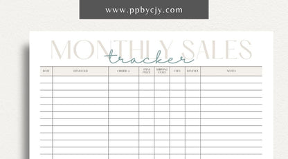 Monthly Sales Tracker Printable Template – Digital download for recording and analyzing sales data and performance on a monthly basis.