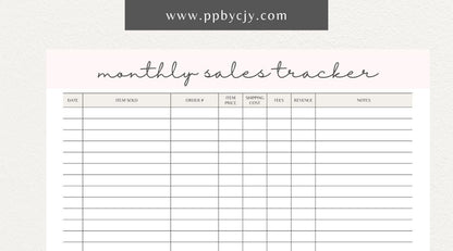 Monthly Sales Tracker Printable Template – Digital download for recording and analyzing sales data and performance on a monthly basis.