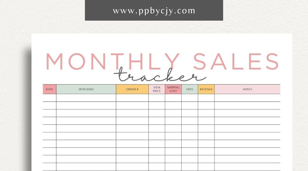 Monthly Sales Tracker Printable Template – Digital download for recording and analyzing sales data and performance on a monthly basis.