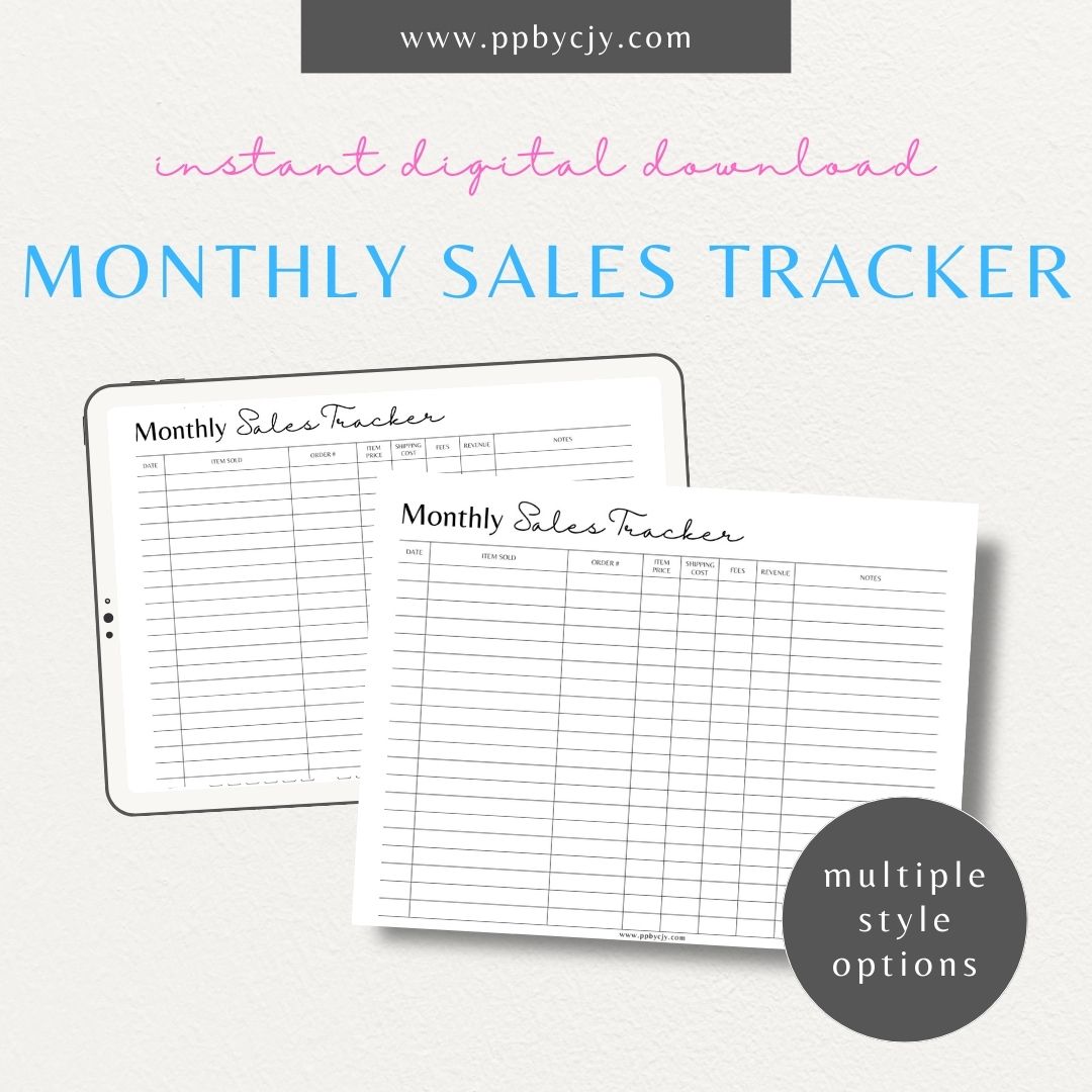 Monthly Sales Tracker Printable Template – Digital download for recording and analyzing sales data and performance on a monthly basis.